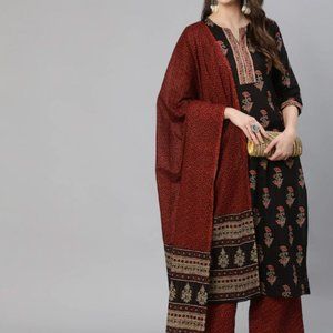 Women Black Ethnic Motifs Printed Pure Cotton Kurta with Palazzos & With Dupatta